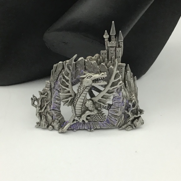 JJ Jonette Mythical Dragon Emerges From Cave Beneath Castle Brooch Pin - Picture 3 of 6
